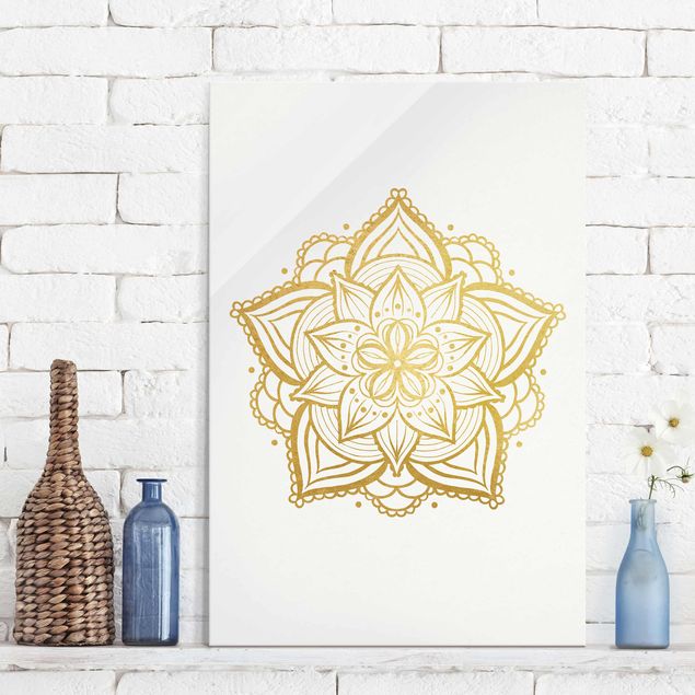 Glasbild - Mandala Blüte Illustration weiß gold - Querformat 2:3