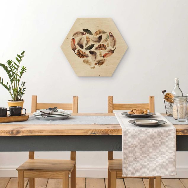 Wandbild Holz Herz aus Federn