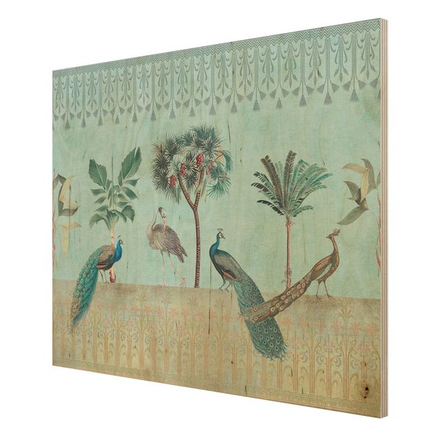 Moderne Holzbilder Vintage Collage - Tropische Vögel mit Palmen