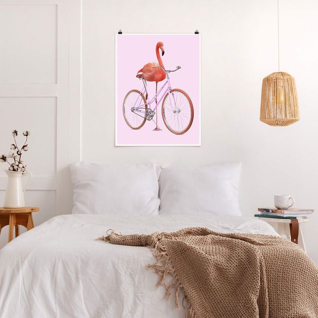Poster Kinderzimmer Tiere Flamingo mit Fahrrad
