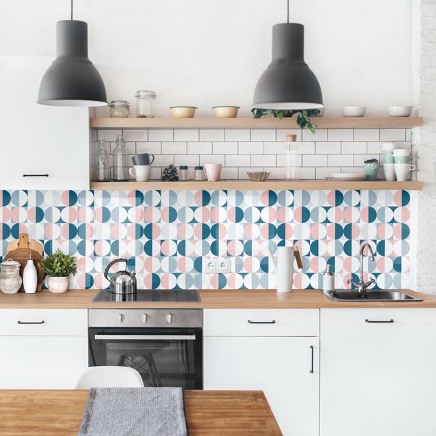 Küchenrückwand abstrakt Halbkreis Muster in Blau mit Rosa II