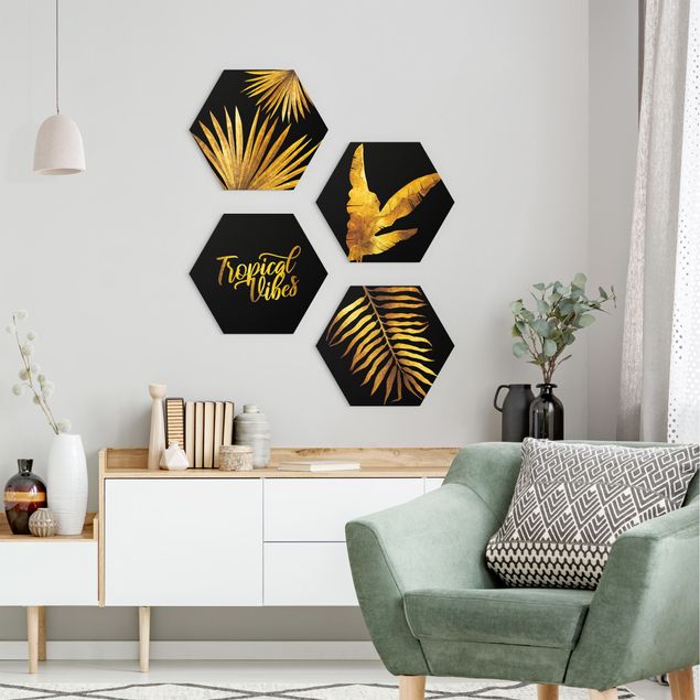 Schöne Wandbilder Gold - Tropical Vibes auf Schwarz Set II