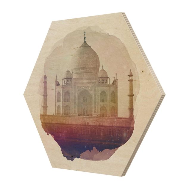 Hexagon Bild Holz - Wasserfarben - Taj Mahal