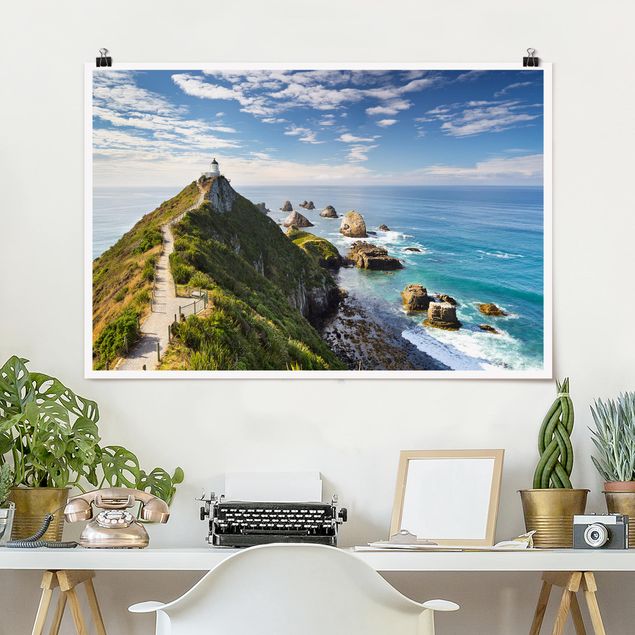 Poster Landschaft Nugget Point Leuchtturm und Meer Neuseeland