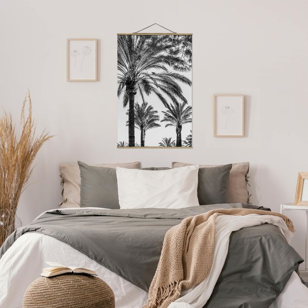 Stoffbilder mit Holzleisten Palmen im Sonnenuntergang Schwarz-Weiß