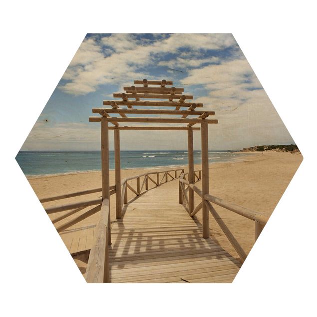 Hexagon Bild Holz - Strandpfad zum Meer in Andalusien