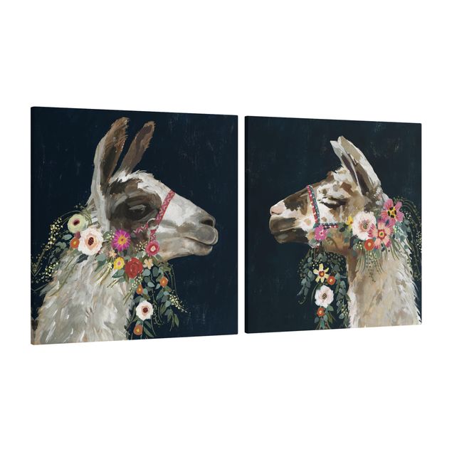 Leinwandbilder Tier Lama mit Blumenschmuck Set I