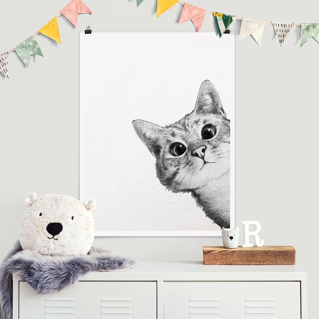 Poster Kinderzimmer Tiere Illustration Katze Zeichnung Schwarz Weiß