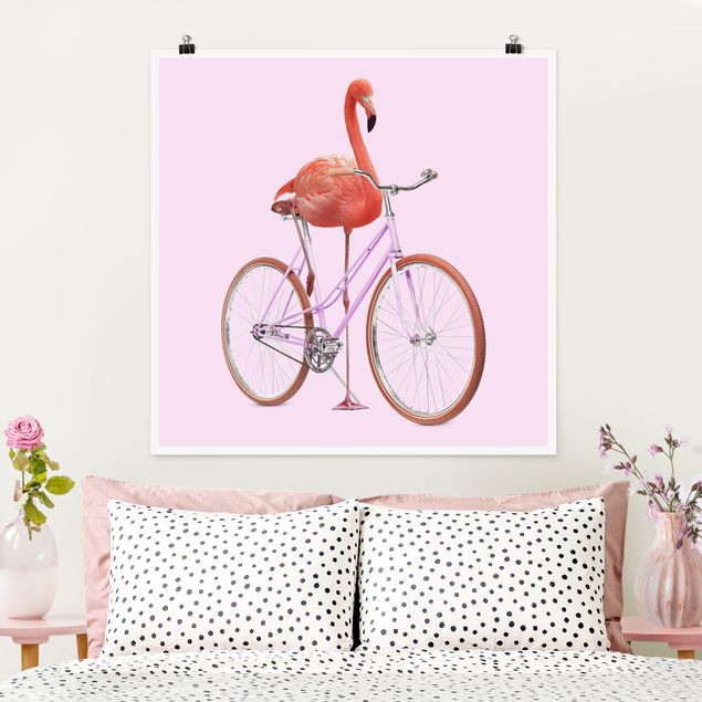 Wandbilder Tiere Flamingo mit Fahrrad