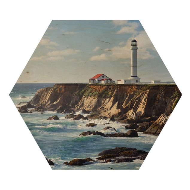 Hexagon Bild Holz - Point Arena Lighthouse Kalifornien