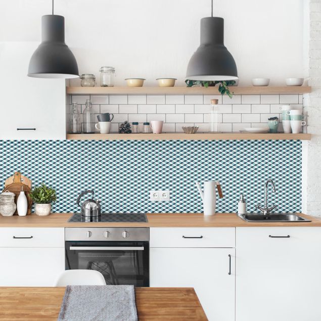 Küchenrückwand Muster Geometrischer Fliesenmix Würfel Türkis