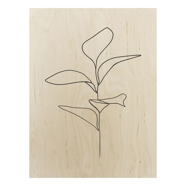 Moderne Holzbilder Line Art Pflanze Blätter Schwarz Weiß