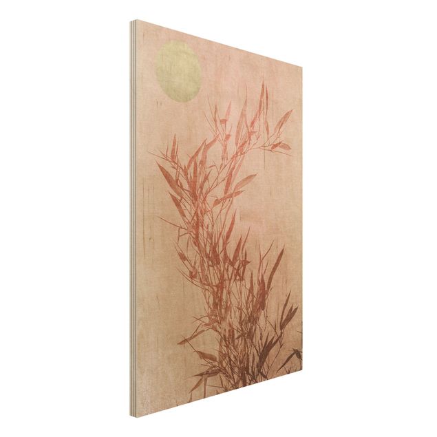 Holzbilder Landschaften Goldene Sonne mit Rosa Bambus