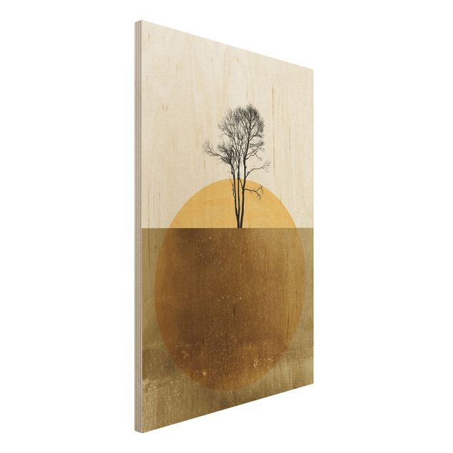 Holzbilder Landschaften Goldene Sonne mit Baum