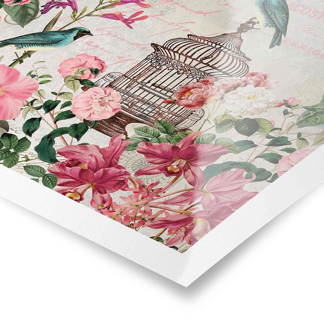 Poster bestellen Shabby Chic Collage - Rosa Blüten und blaue Vögel
