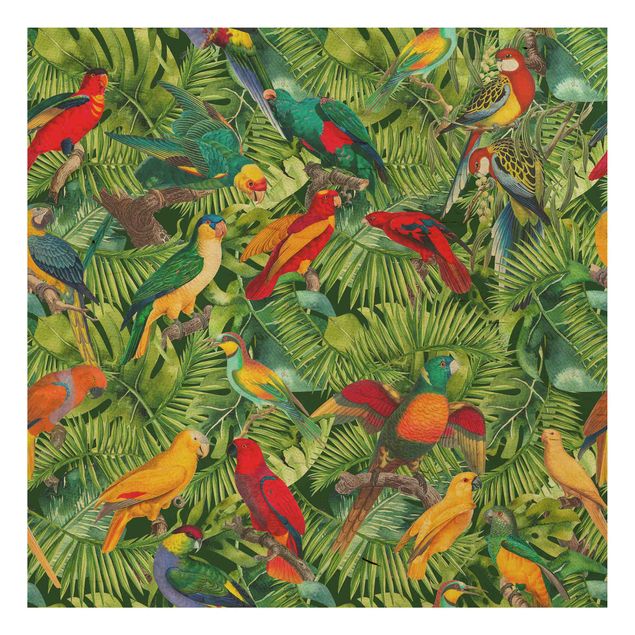 Holzbilder modern Bunte Collage - Papageien im Dschungel