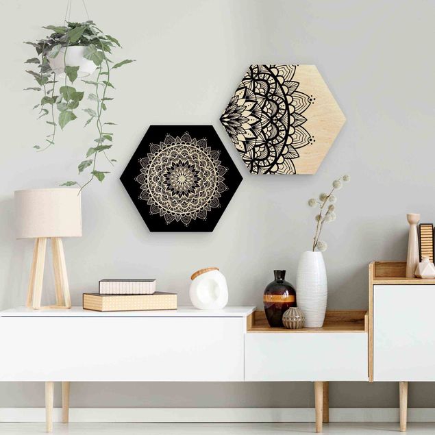 Moderne Holzbilder Mandala Illustration shabby Set schwarz weiß