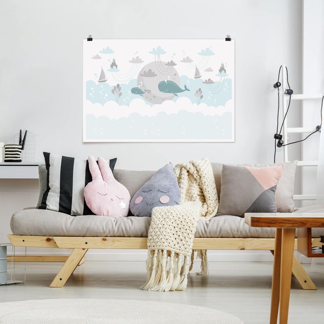 Poster Kinderzimmer Tiere Wolken mit Wal und Schloss