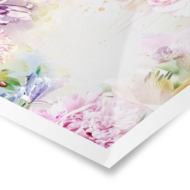 Poster - Aquarell Blütenmix Pastell - Quadrat 1:1