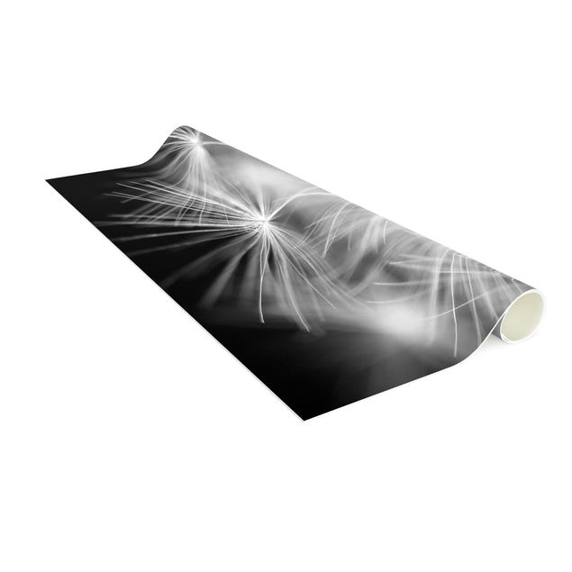 Moderner Teppich Bewegte Pusteblumen Nahaufnahme auf schwarzem Hintergrund