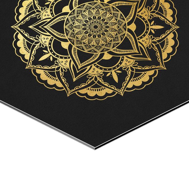Hexagon Bild Alu-Dibond 3-teilig - Mandala Blüte Sonne Illustration Set Schwarz Gold