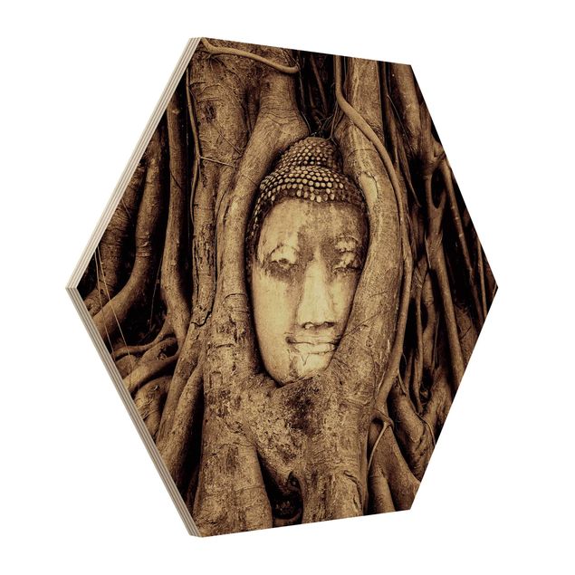 Bilder auf Holz Buddha in Ayutthaya von Baumwurzeln gesäumt in Braun