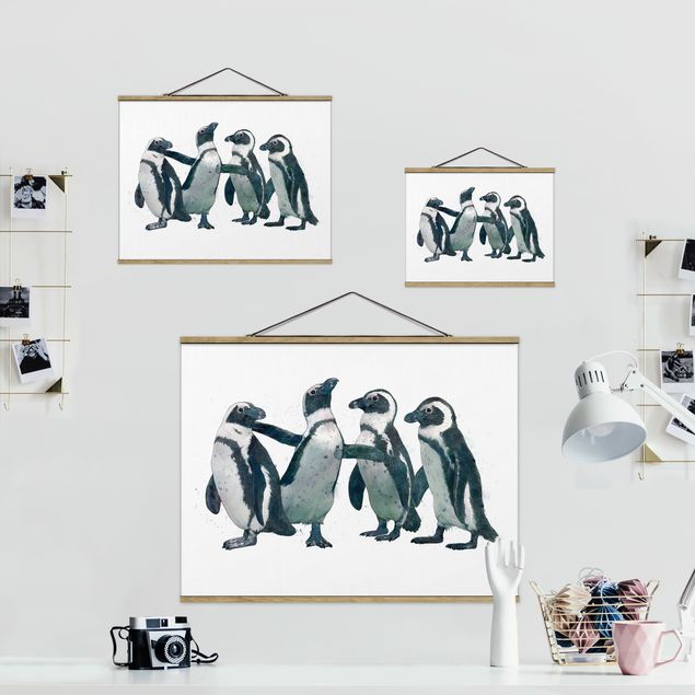 Stoffbild mit Posterleisten - Laura Graves - Illustration Pinguine Schwarz Weiß Aquarell - Querformat 4:3