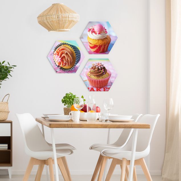 Hexagon Wandbilder Bunte Cupcakes