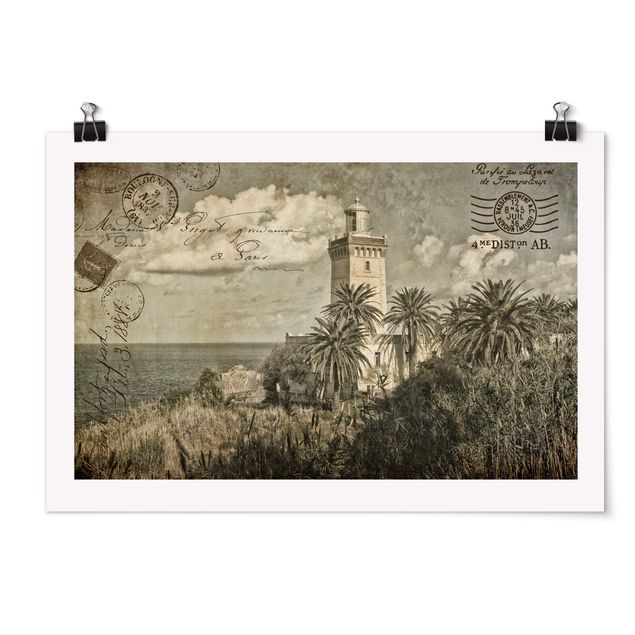Bilder für die Wand Vintage Postkarte mit Leuchtturm und Palmen
