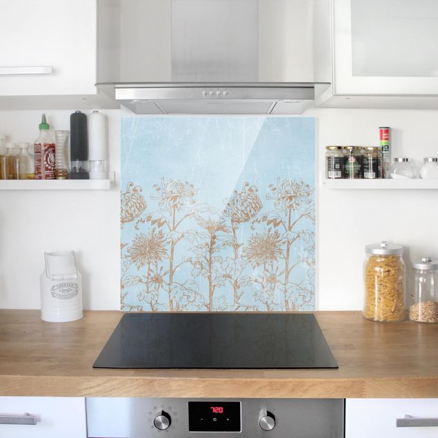 Glasrückwand Küche Blumen Radierung in Blau