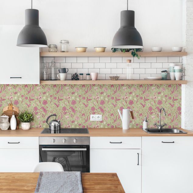 Küchenrückwand Muster Blumentanz in Mint-Grün und Rosa Pastell II