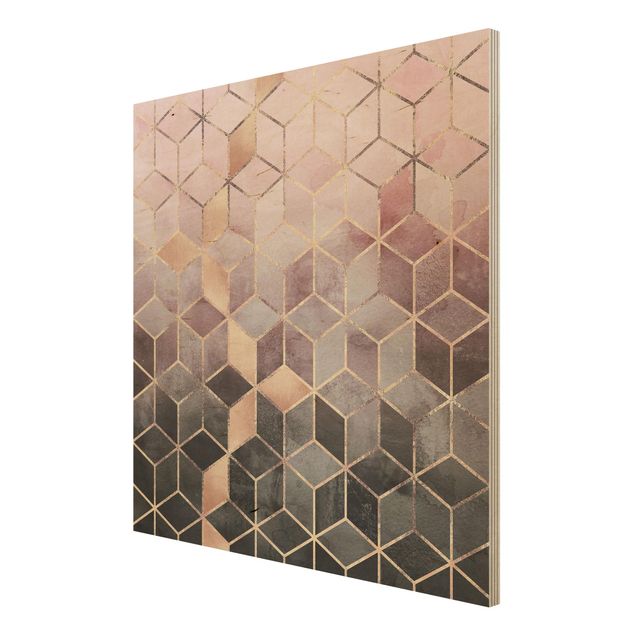 Holzbild - Rosa Grau goldene Geometrie - Quadrat 1:1