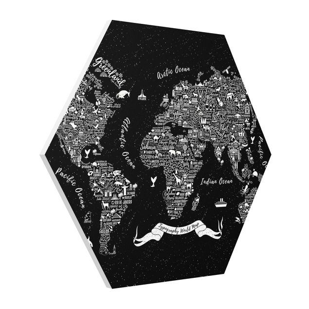 Hexagon Bild Forex - Typografie Weltkarte schwarz