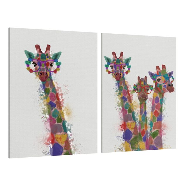 Leinwand Kunstdruck Regenbogen Splash Giraffen Set I