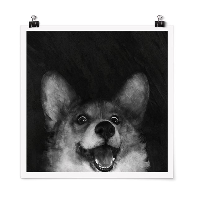 Schwarz-Weiß Poster Illustration Hund Corgi Malerei Schwarz Weiß