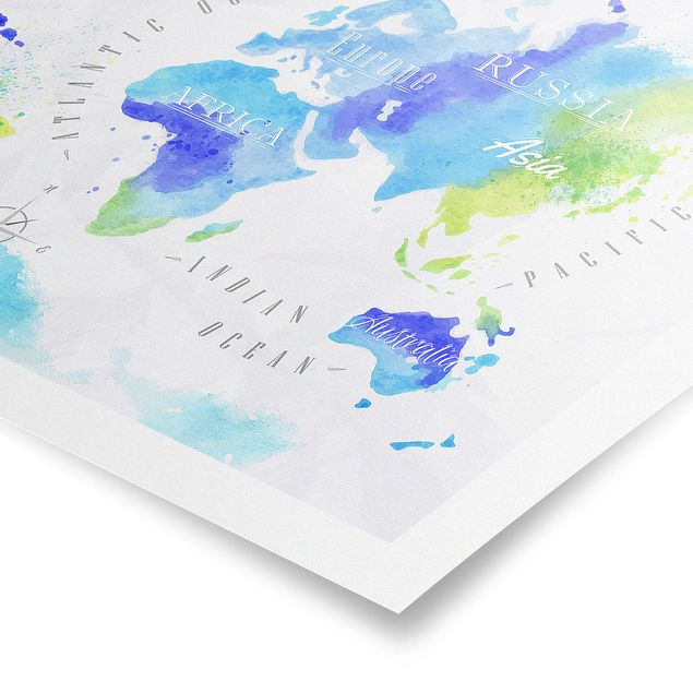 Wandbilder Weltkarte Aquarell blau grün