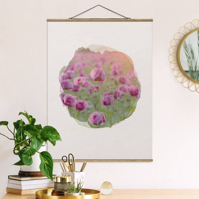 Wandbilder Wasserfarben - Violette Schlafmohn Blumenwiese im Frühling
