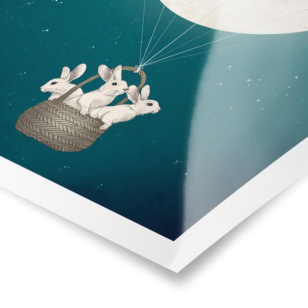 Poster Illustration Hasen Mond-Heißluftballon Sternenhimmel