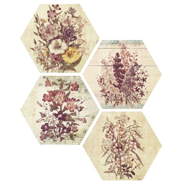 Hexagon Bild Alu-Dibond 4-teilig - Vintage Blumen Sammlung