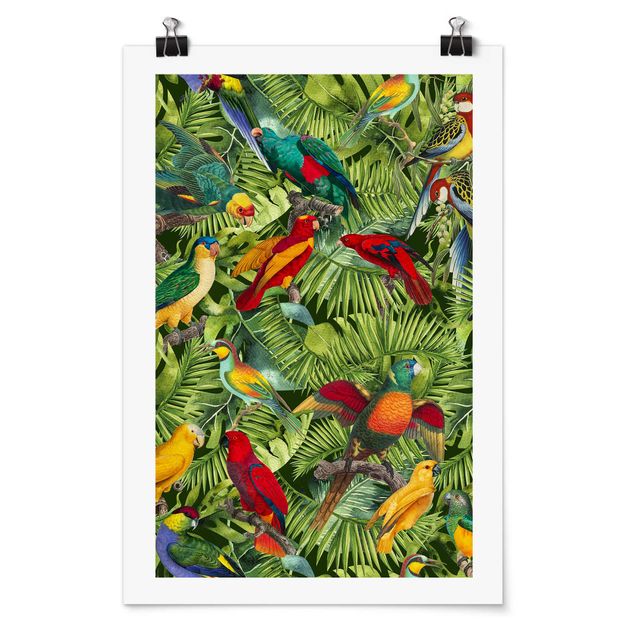 Poster - Bunte Collage - Papageien im Dschungel - Hochformat 3:2