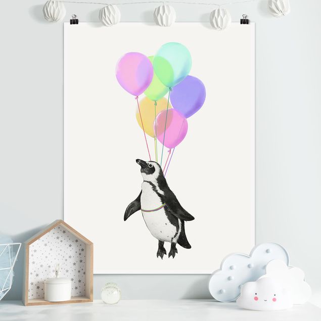 Poster - Illustration Pinguin Pastell Luftballons - Hochformat 4:3