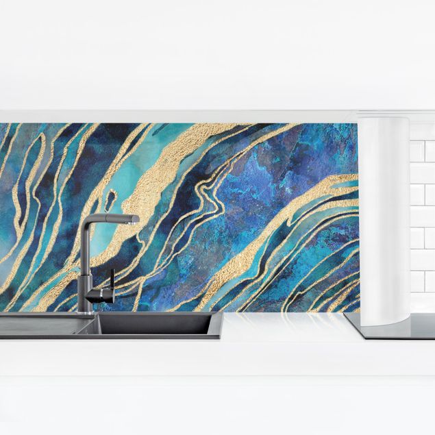 Küchenrückwand abstrakt Edelstein Aquamarin und Gold