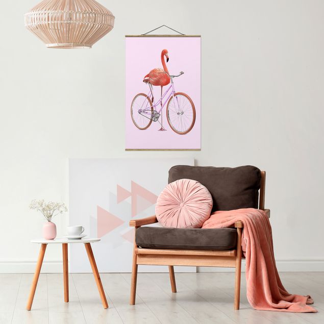 Stoffbilder Flamingo mit Fahrrad