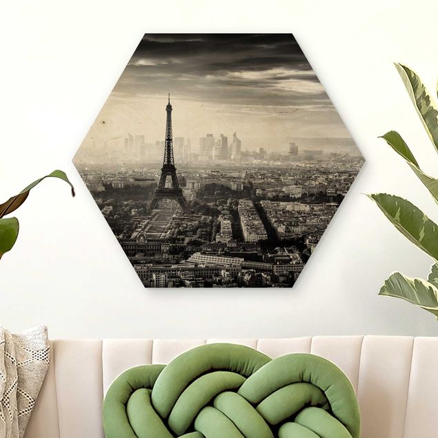 Moderne Holzbilder Der Eiffelturm von Oben Schwarz-weiß