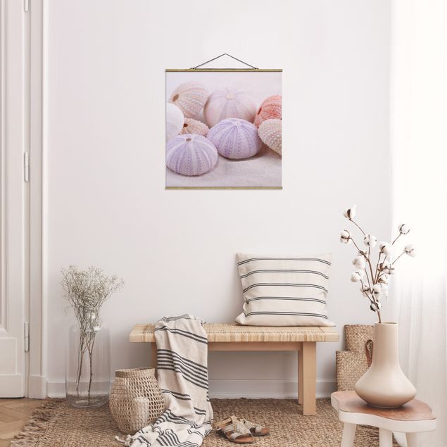 Stoffbilder mit Holzleisten Seeigel in Pastell