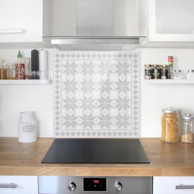 Spritzschutz Küche Fliesenoptik Geometrische Fliesen Sternblume Grau mit Bordüre