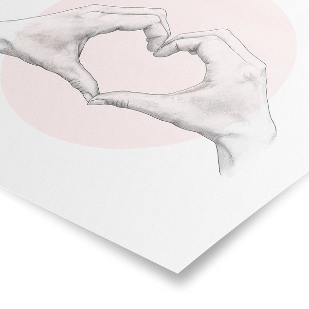 Poster - Illustration Herz Hände Kreis Rosa Weiß - Quadrat 1:1