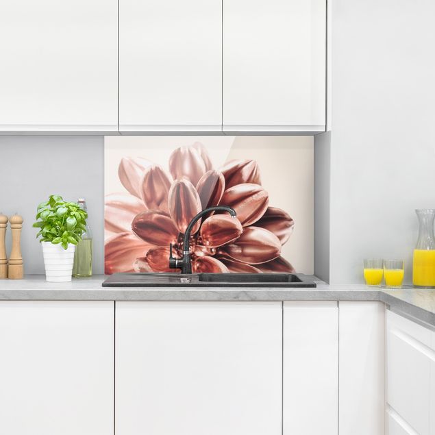 Küchenrückwand Glas Motiv Blumen Dahlie in Kupfergold