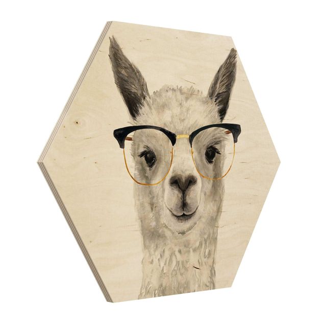Hexagon Bild Holz - Hippes Lama mit Brille I