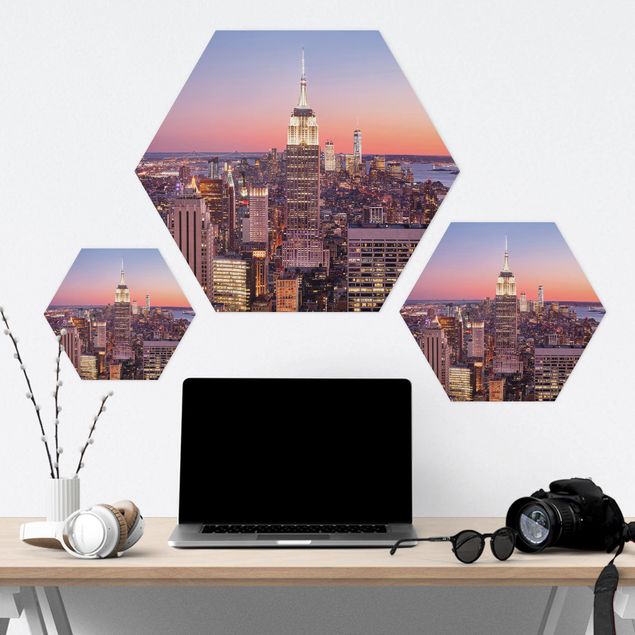 Hexagon Bild Alu-Dibond - Sonnenuntergang Manhattan New York City